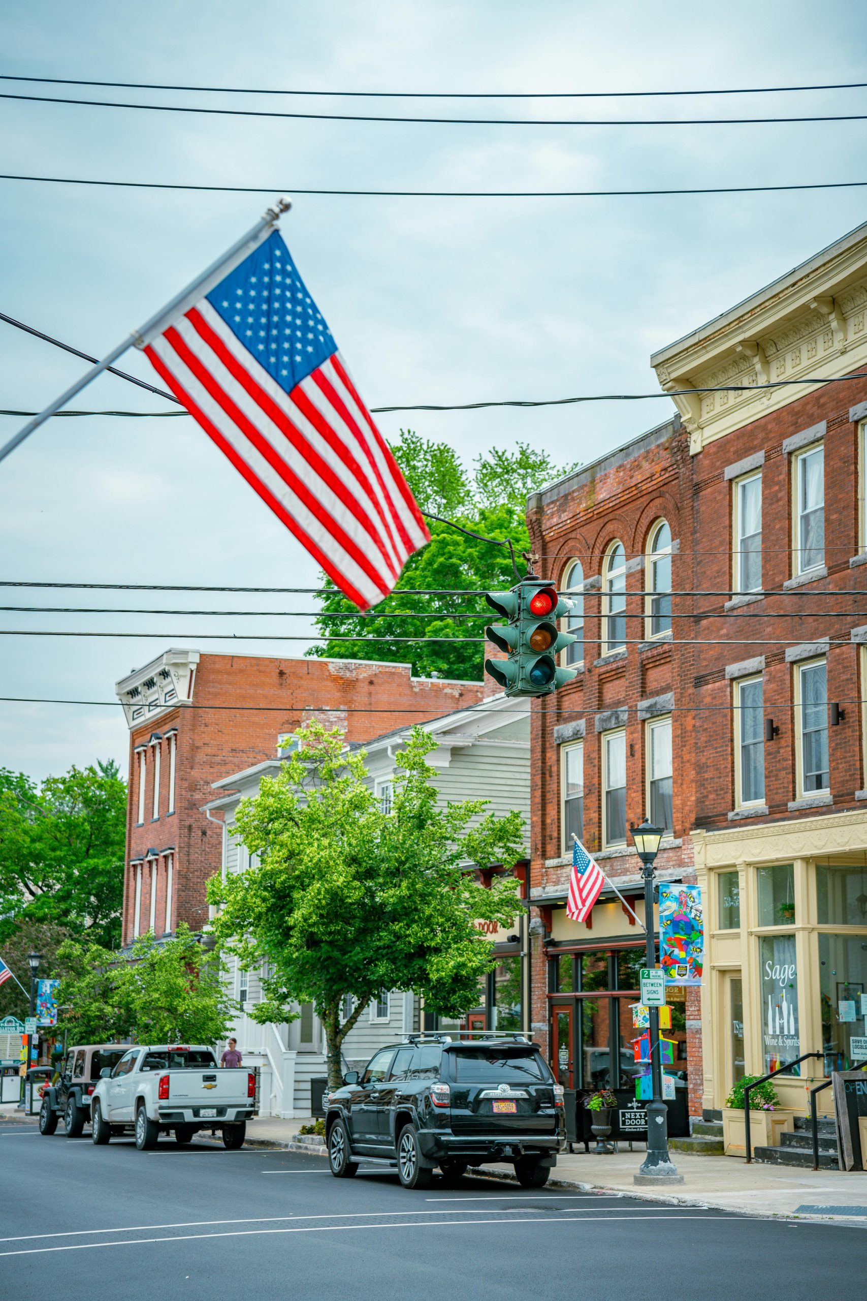 Historic downtown Grapevine Texas Main Street with shops and restaurants